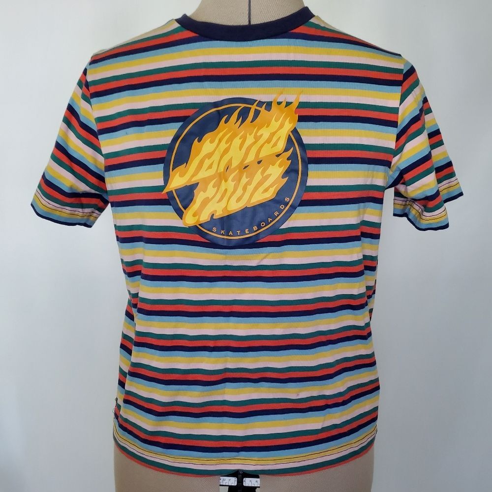 Santa Cruz Women's T-Shirt Small Yellow Blue Striped Short Sleeve Skateboard